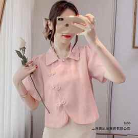 新中式复古纯盘扣云锦衫小个子polo领衬衫洋气泡泡袖短款上衣女夏