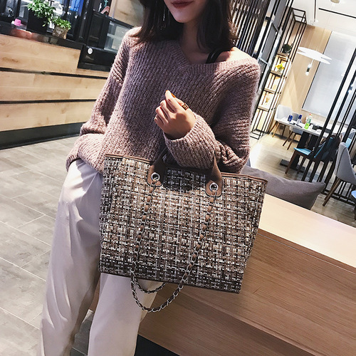 Cross-border  new Korean style women's bag fashion plaid contrasting color chain bucket bag single shoulder portable diagonal large bag trendy