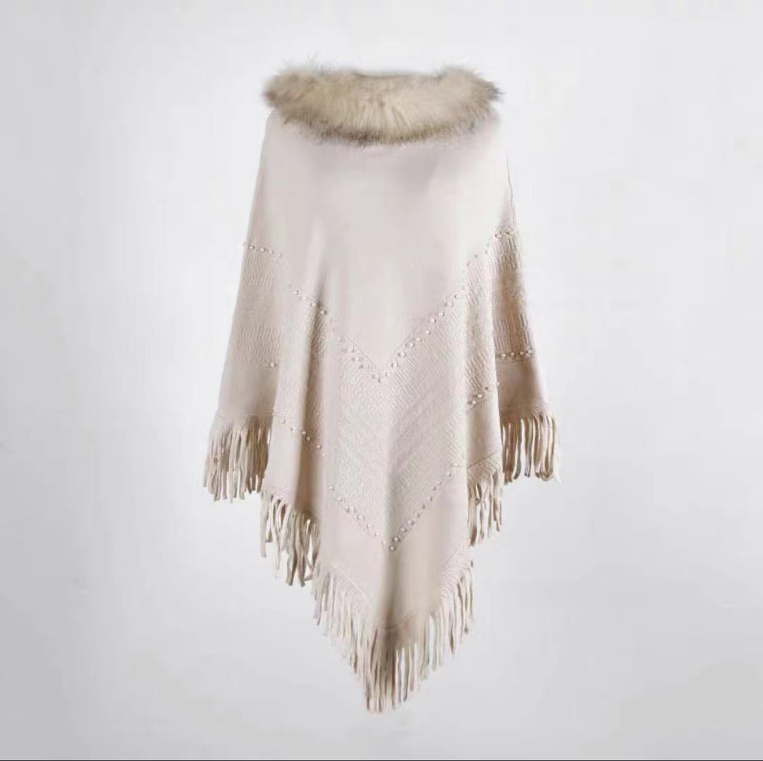 Pull en tricot à franges pour femme, châle, cape, col en fourrure_voghion.com