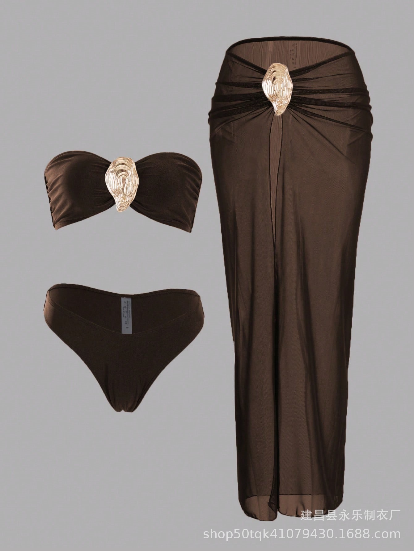 Nuevo traje de baño de bikini dividido con top de tubo de chica sexy, falda larga de mujer, traje de baño transfronterizo europeo y americano de tres piezas con horquilla alta