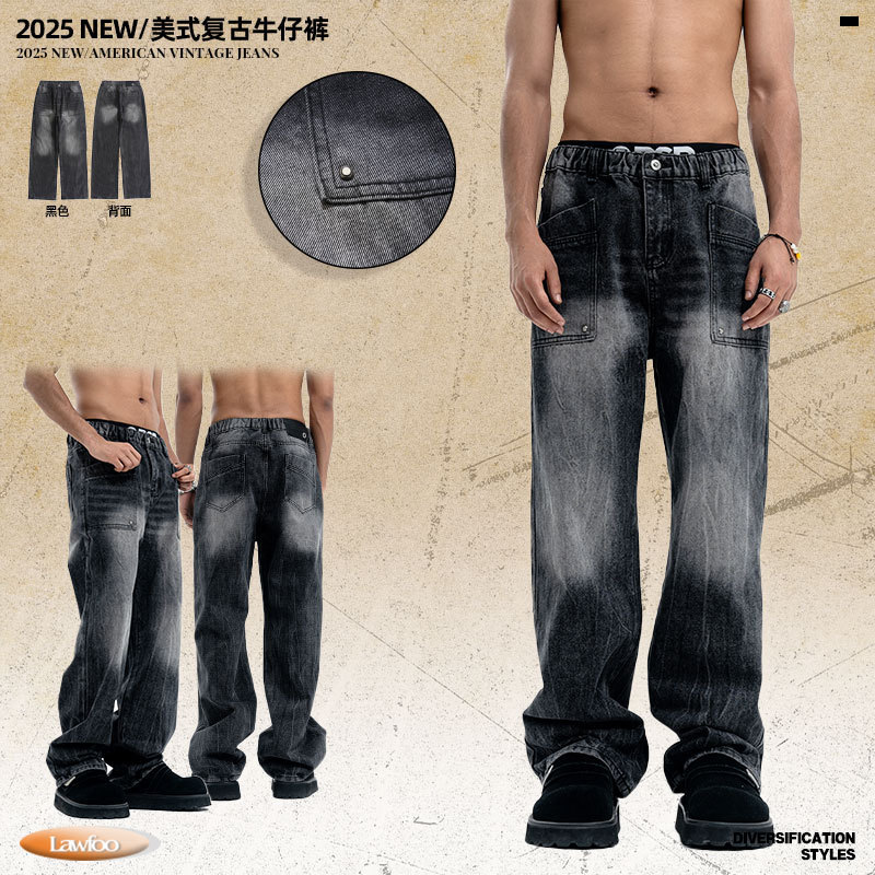 Lawfoo American Retro High Street Jeans for Men and Women Washed and Distressed Loose Wide Leg Straight Trendy High Street Pants