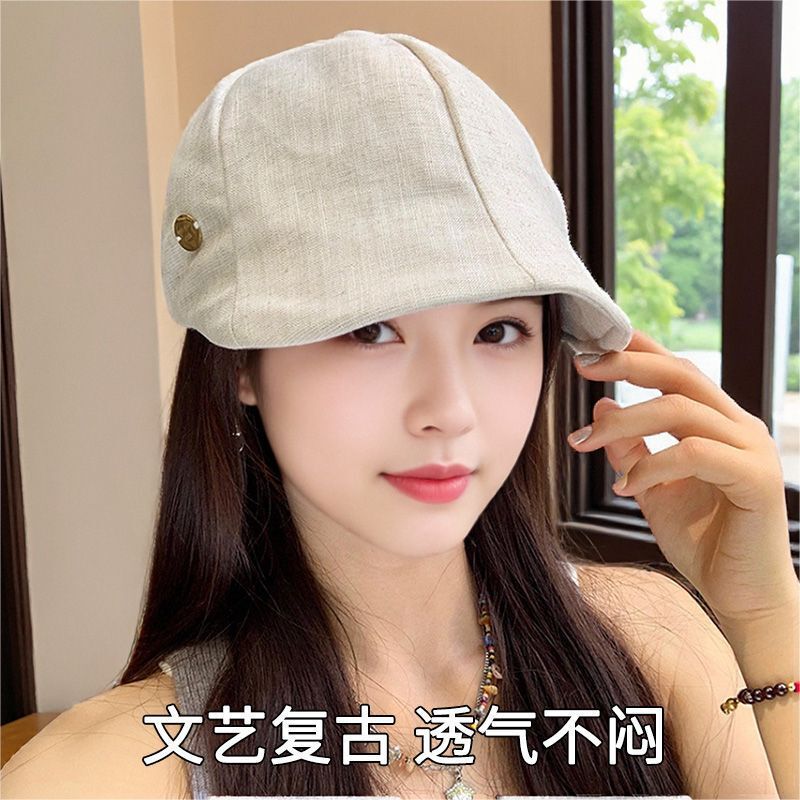 Japanese-Style Linen Forward Cap for Women with Large Head Circumference, Wide Brim, Face-Slimming Newsboy Cap, Retro Artistic Style Beret Hat, Trendy