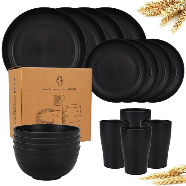 Cross-border Amazon Temu Wheat Straw Bowl Plate 24-piece Set Bowl Cup 16PC Mixed Color Tableware Gift suit