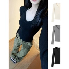 スリムフィットVネック右肩出し万能長袖Tシャツ レディース 2025秋冬 インナー ベースレイヤー セクシー スリムフィット 着痩せトップス