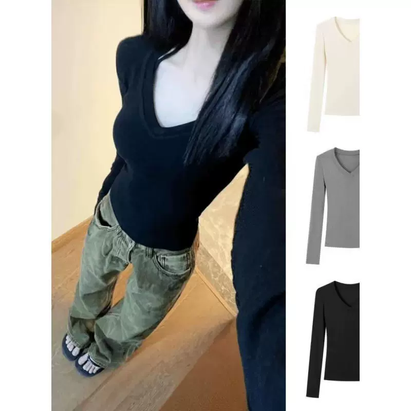 修身V领正肩百搭长袖T恤女2025秋冬内搭打底衫辣妹修身显瘦上衣