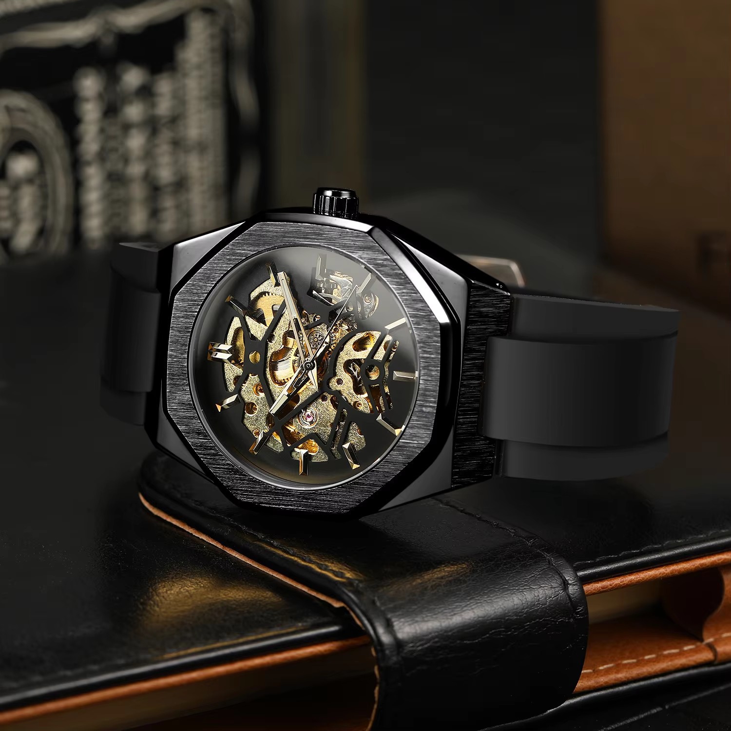 Men's Mechanical Skeleton Watch Silver Automatic Rubber Strap_voghion.com