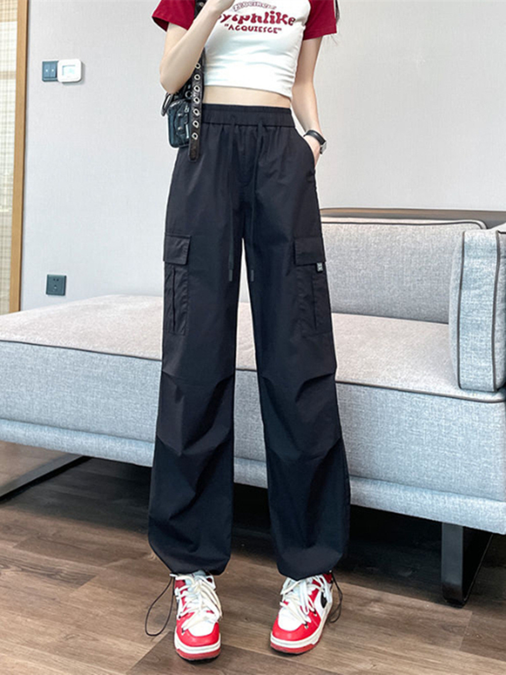 American Retro Workwear Leisure Pants for Women - Summer High-Waisted Straight Leg Tapered Ankle Pants Loose Quick-Dry Thin Model