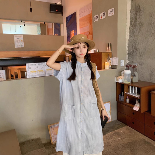 Relaxed Casual Shirt Dress for Women 2025 Summer White A-line Skirt Layering Two-Piece Set