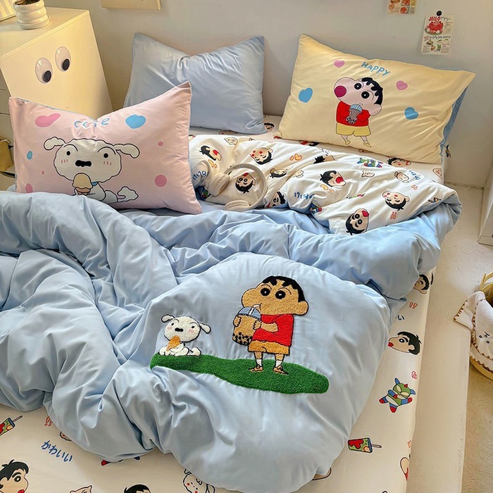 漫画かわいいタオル刺繍洗浄綿ベッド 4 点セット 2025 新しいキルトカバー学生寮のベッドシーツ 3 点セット|undefined