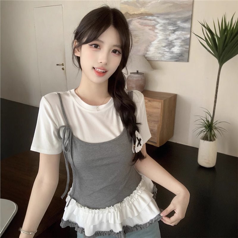 Sweet and Youthful Two-Piece Short-Sleeve T-Shirt 2026 Summer New Style with Ruffle Design Slimming Top for Women Trendy Sweet and Youthful Two-Piece Short-Sleeve T-Shirt 2026 Summer New Style with Ruffle Design Slimming Top for Women Trendy
