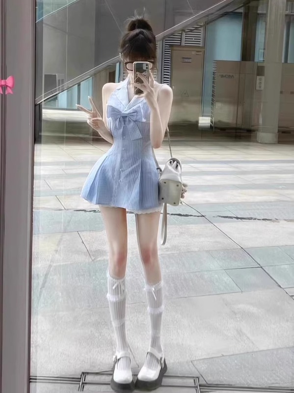 甜美蝴蝶结条纹连衣裙子女夏季法式初恋公主蓬蓬裙收腰小个子短裙|undefined