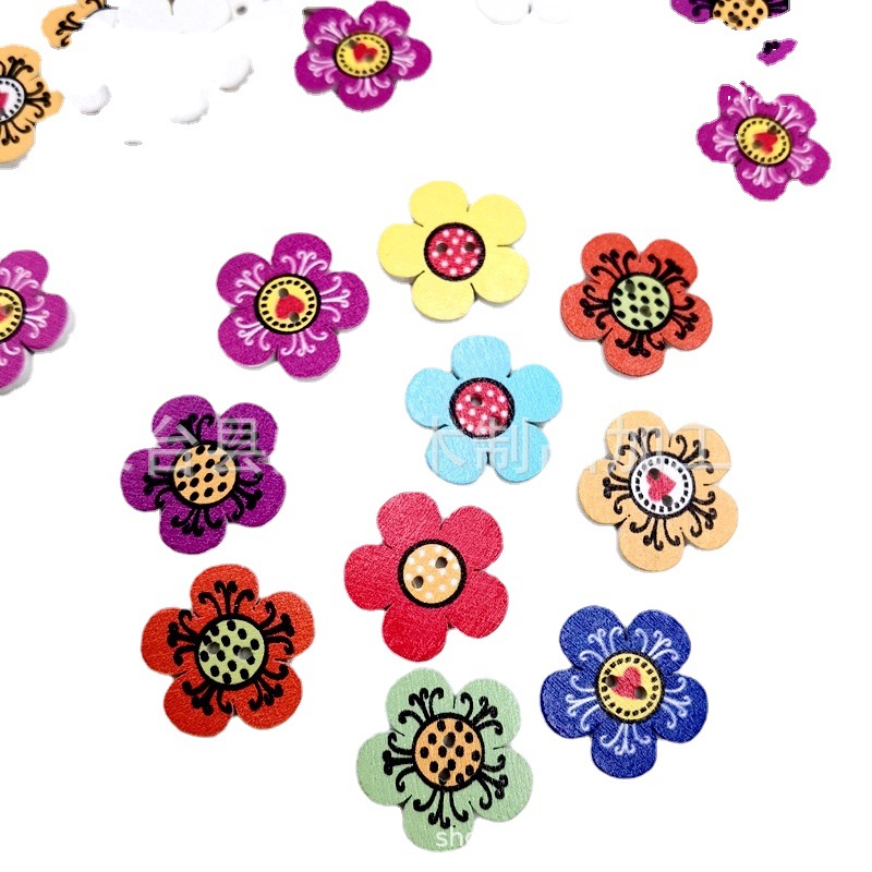 Suministro de botones de madera impresos con fondo blanco botones de flores impresos botones de ropa infantil decoración diy 50