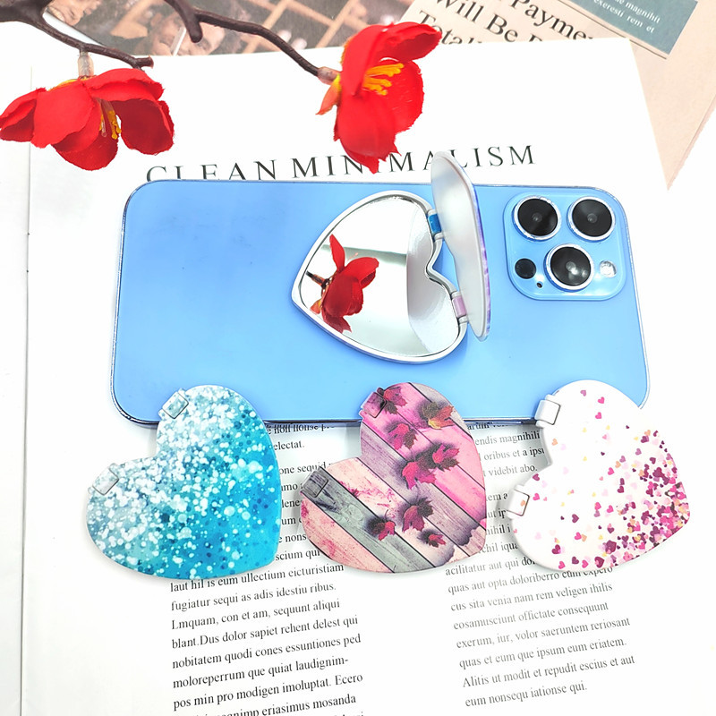 Heart-shaped single-sided round mirror mobile phone holder peach heart Beauty Mirror mobile phone back sticker lazy bracket material printed pattern