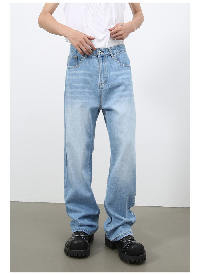 Quần jean nam ống rộng phong cách retro, cạp vừa, dáng đứng, dài chấm gót — Màu hồng, Màu tím, Xanh lam nhạt, Xanh lục cũ chi tiết 19