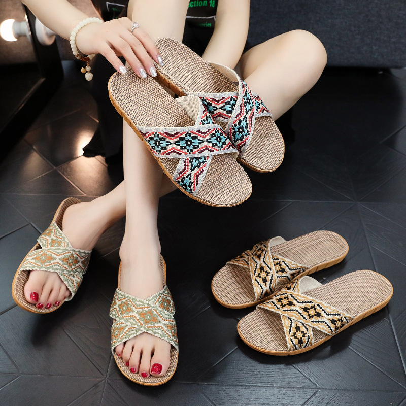Four Seasons Linen Slippers Home Use Men's and Women's Couple's Home Wooden Floor Thick Bottom Non-Slip Indoor Slippers for Women in Summer