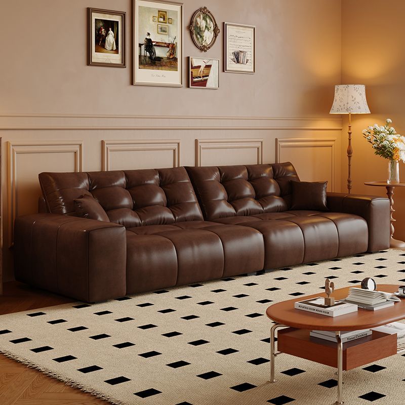 French Retro Style Oil Wax Cat Scratch Leather Sofa Living Room Small Apartment Modern Simple Mid-Century Style Old Brown Sofa