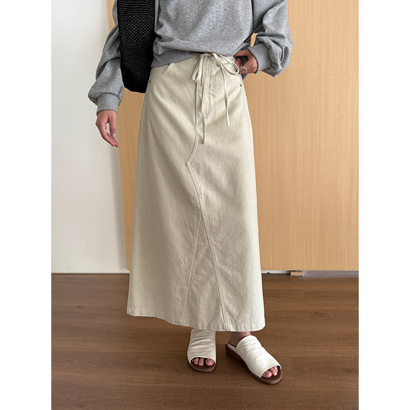 [Clearance, No Returns] Korean Style Versatile Loose Midi Skirt, New Autumn Washed Cotton Drawstring A-Line Skirt 23629