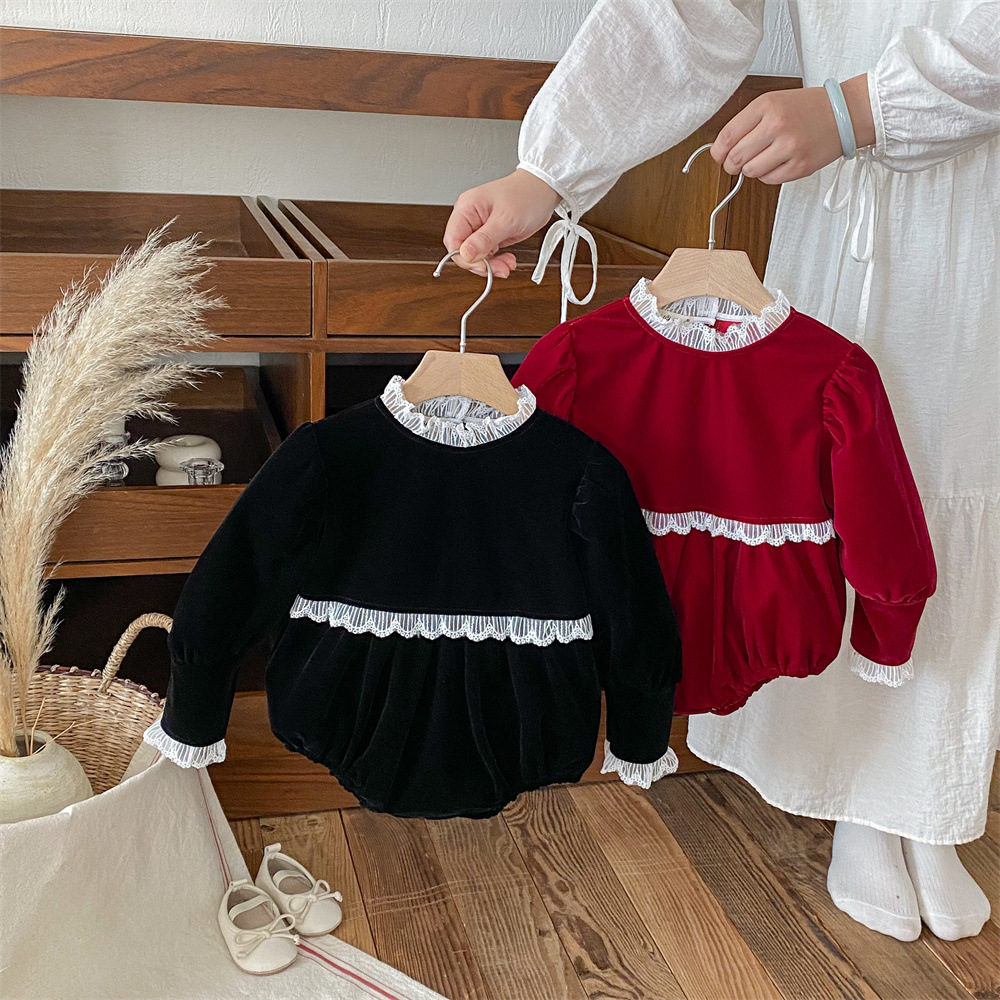 Brand demi-season red velvet lace Christmas children's bodysuit for…