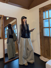 韩系穿搭灰色针织衫挂脖吊带工装休闲长裤女秋季时尚套装三件套潮