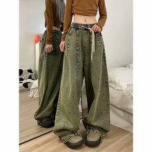 潮牌褶皱褪色抽绳牛仔裤男女美式复古水洗情侣阔腿休闲工装裤潮