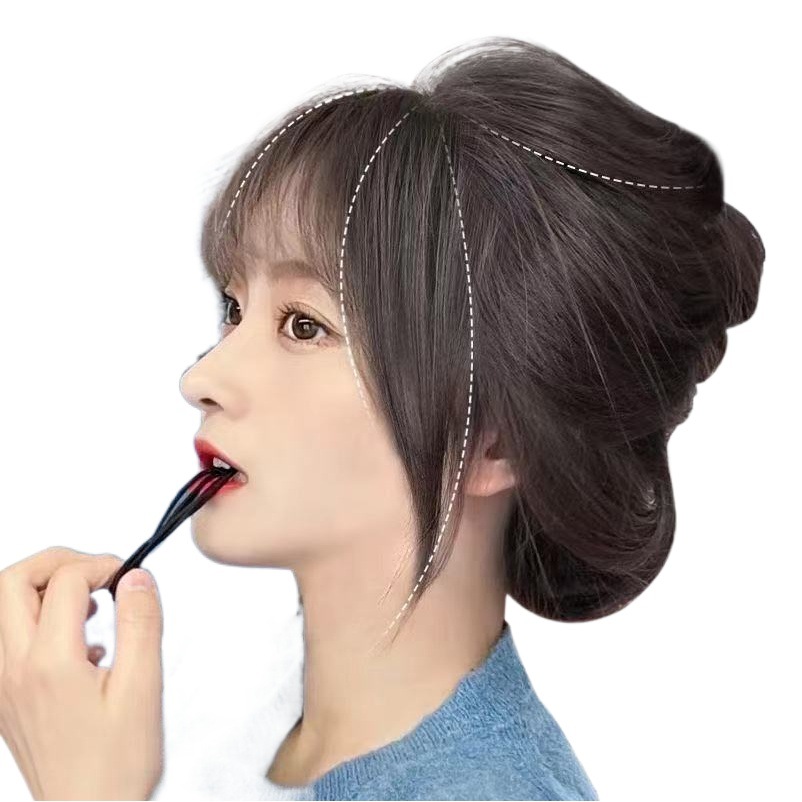 3D estilo francés aire flequillo peluca cabeza femenina cabello artificial sin costuras aumento cabello cubierta cabello blanco frente peluca natural