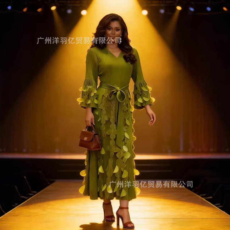 European and American Cross-Border African New Style Dress with Gold Stamping, Pleated Ruffles, and Elaborate Long Pleated Dress European and American Cross-Border African New Style Dress with Gold Stamping, Pleated Ruffles, and Elaborate Long Pleated Dress
