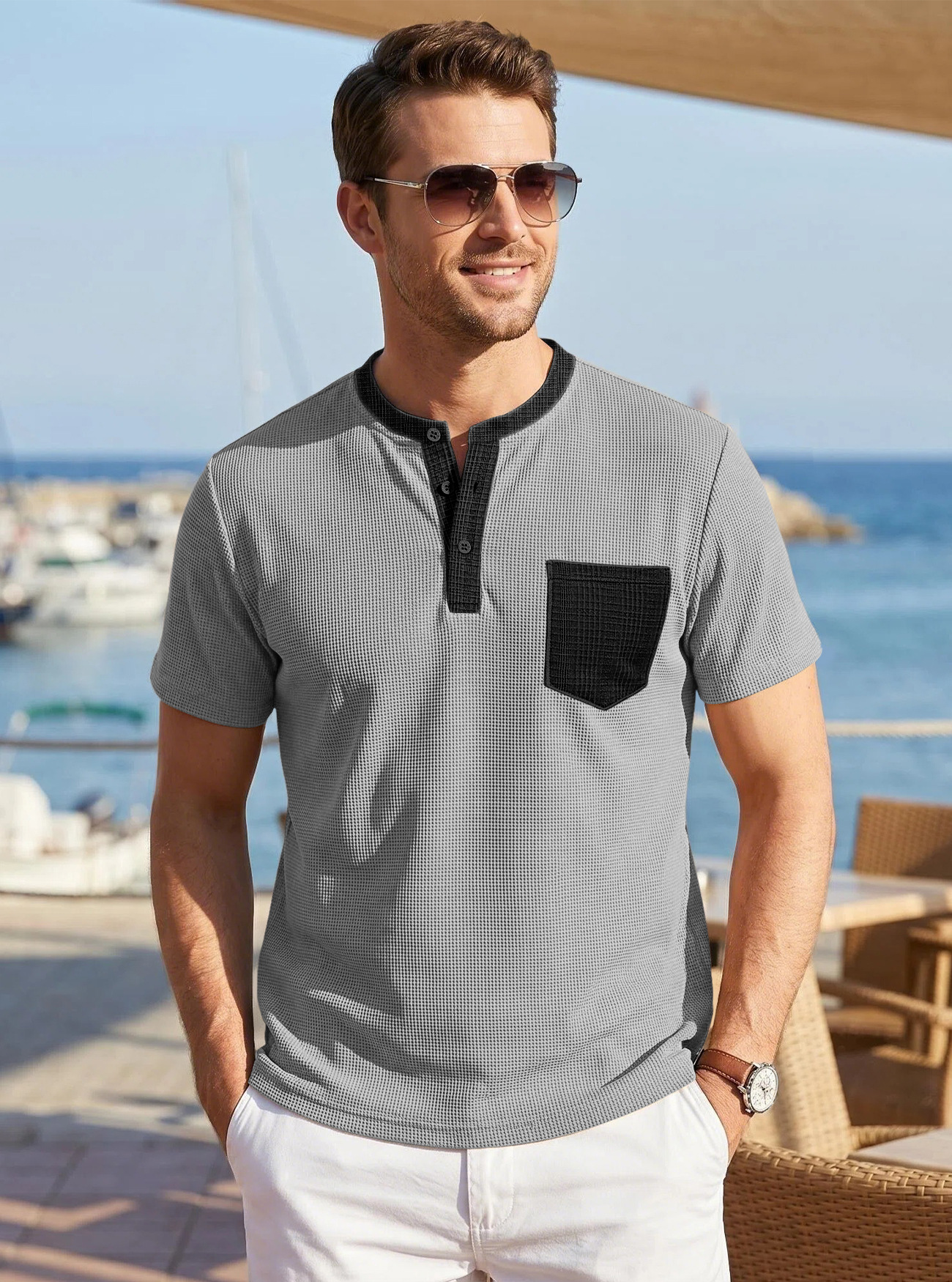 Cross-border Hyun hombre Waffle Henry cuello camiseta bolsillo de contraste Casual blusa larga de comercio exterior mangas cortas