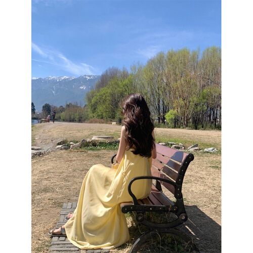 French yellow spaghetti strap dress women's summer beach vacation style clothing dress loose A-line long dress