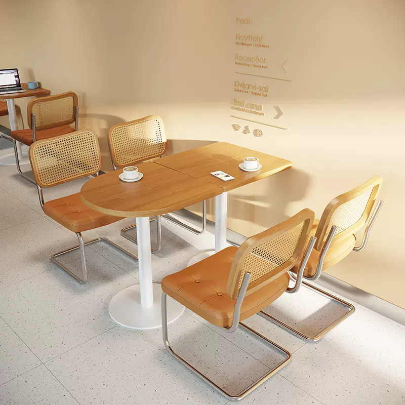 北欧网红奶茶甜品店咖啡厅实木餐桌椅组合日式咖啡店编藤餐椅商用