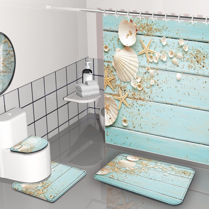 Impresión digital de ondas cortina de baño sin agujeros partición de baño cortina impermeable baño cuatro piezas conjunto de dibujo se puede fijar image 13