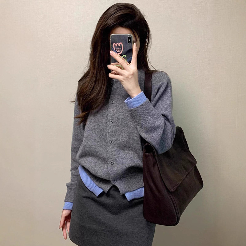 Threaded Layered Fake Two-Piece Knitted Cardigan for Women in Spring & Fall, Short Slim-Fitting Sweater Jacket, Short Top