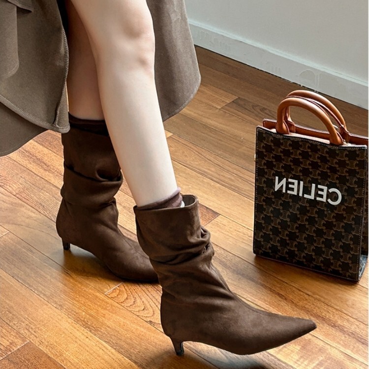 Leather Version ~ French Style Kitten Heel Short Boots, Feminine Slimming Look Pointed Toe Pile Boots, Suede Stiletto Slim Boots~ Leather Version ~ French Style Kitten Heel Short Boots, Feminine Slimming Look Pointed Toe Pile Boots, Suede Stiletto Slim Boots~
