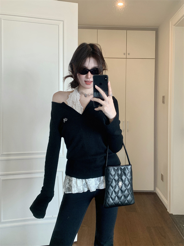 6085# White Lace Neck Vest Women's Design Sense Stacked Shoulder Black Knit Spice Girl Two-Piece Set