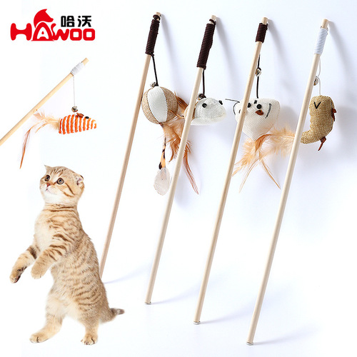 Burlap Wooden Cat Fighting Stick Wholesale Pendant Feather Solid Wood With Bell Wooden Handle Cat Fighting Stick Cat Toy