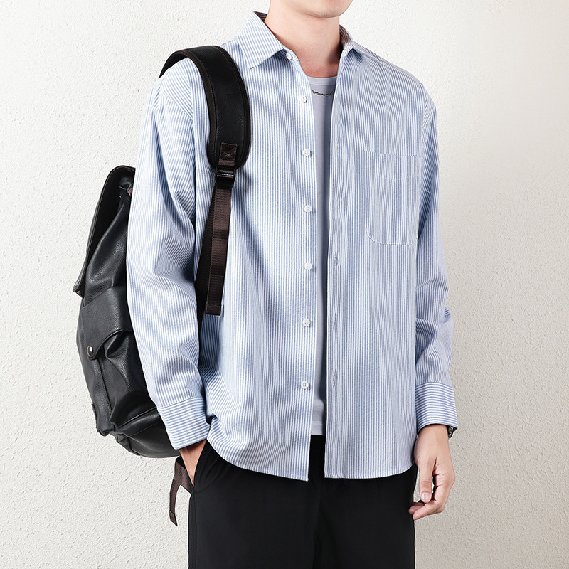Free Shipping 2025 Spring Men's Long-Sleeved Shirt Simple Striped Shirt Men's Loose Casual Top Men's Light Blue