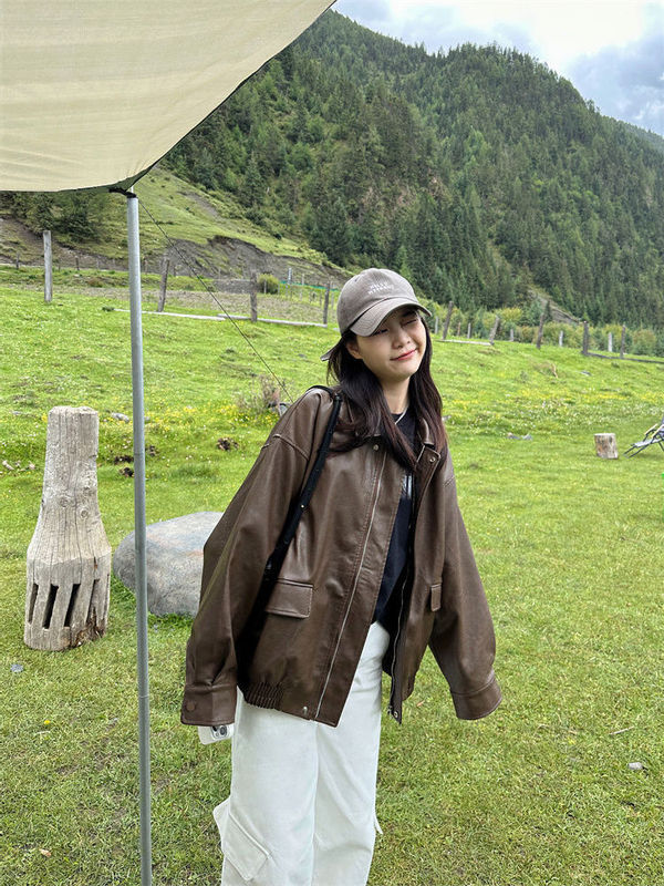 高档机车皮衣外套女复古2025春秋新款美式休闲百搭棕色皮夹克洋气|undefined