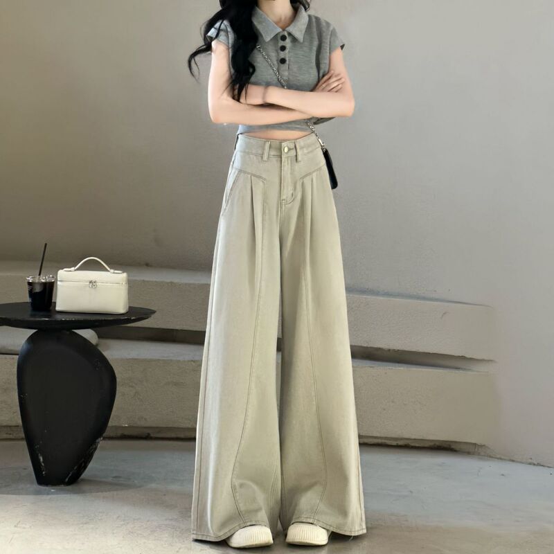 夏季2025年新款宽松阔腿裤休闲垂感牛仔裤女百搭直筒裤灰高腰显瘦|undefined