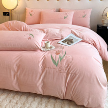 冬季加厚四件套牛奶绒床上保暖双面珊瑚法兰绒刺绣被套宿舍三件套