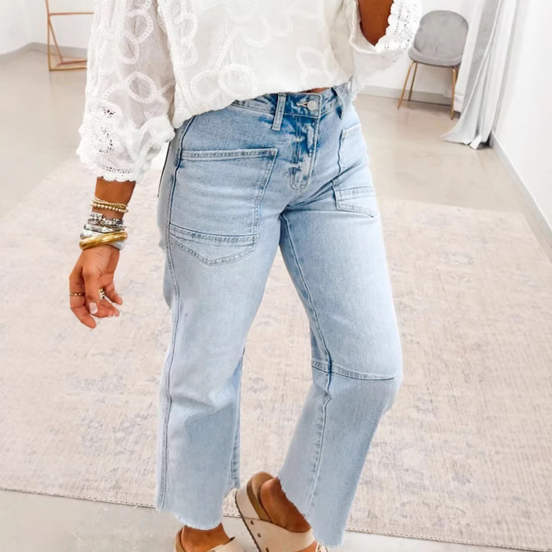 2026 Spring New High-Waisted Jeans for Women, European and American Fashion, Versatile Large Pockets, Slim Fit, Slimming Cigarette Pants for Women