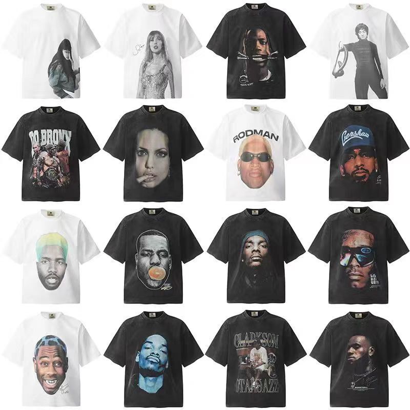 Heavy Weightweight Vintage White Ink Digital Direct Spray Washed Distressed Short-Sleeved Bruce Lee Kobe Bryant Portrait Small Neckline T-Shirt for Men