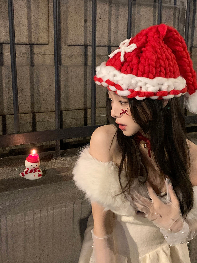Christmas knit Christmas hat Winter bow woolen hat party photo decorations_voghion.com
