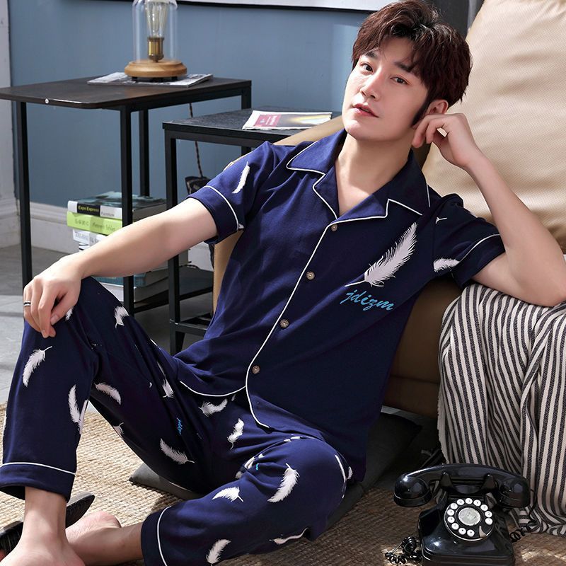 Pijama de algodón 100% de primavera y verano de los hombres pantalones de manga corta cardigan Delgado de los hombres de primavera y otoño de manga corta ropa para el hogar
