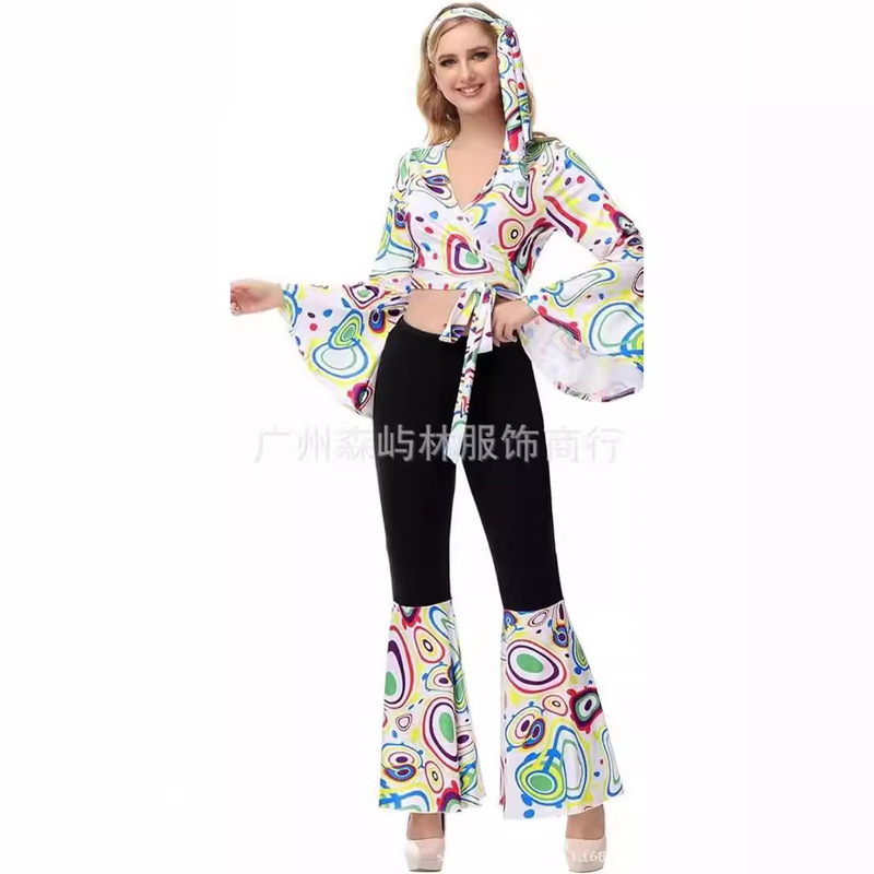 Cross-border new foreign trade 70s hippie disco suit women's Halloween lace-up bell sleeve suit