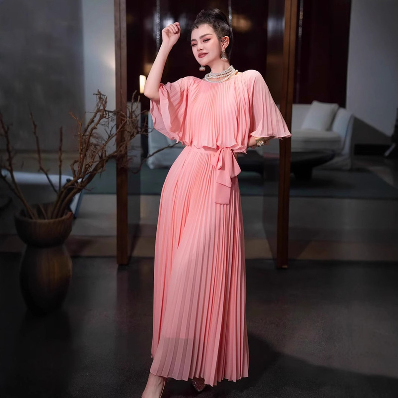 2025 New Summer Women's Round Neck Cape Pleated Mid-Waist Long Sweet Elegant Dress