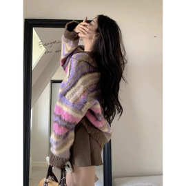 彩虹条纹毛衣女秋冬加厚别致绝美温柔韩系氛围感慵懒风针织衫上衣