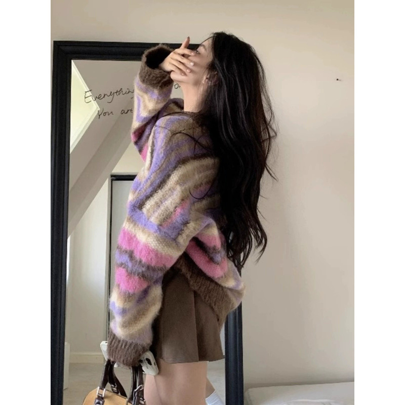 Rainbow striped sweater for women autumn and winter thickened chic beautiful gentle Korean style atmosphere lazy style sweater top