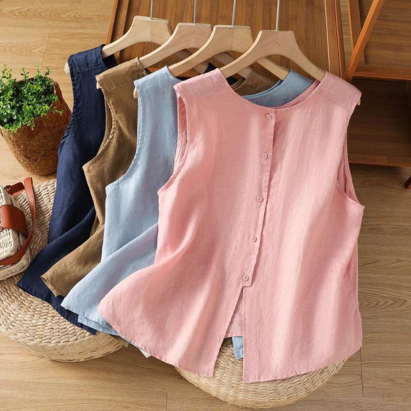 Simple and Elegant Cotton-Linen Sleeveless Shirt Vest for Women, Summer Single-Breasted Round-Neck Top, Linen Two-Way Design Blouse