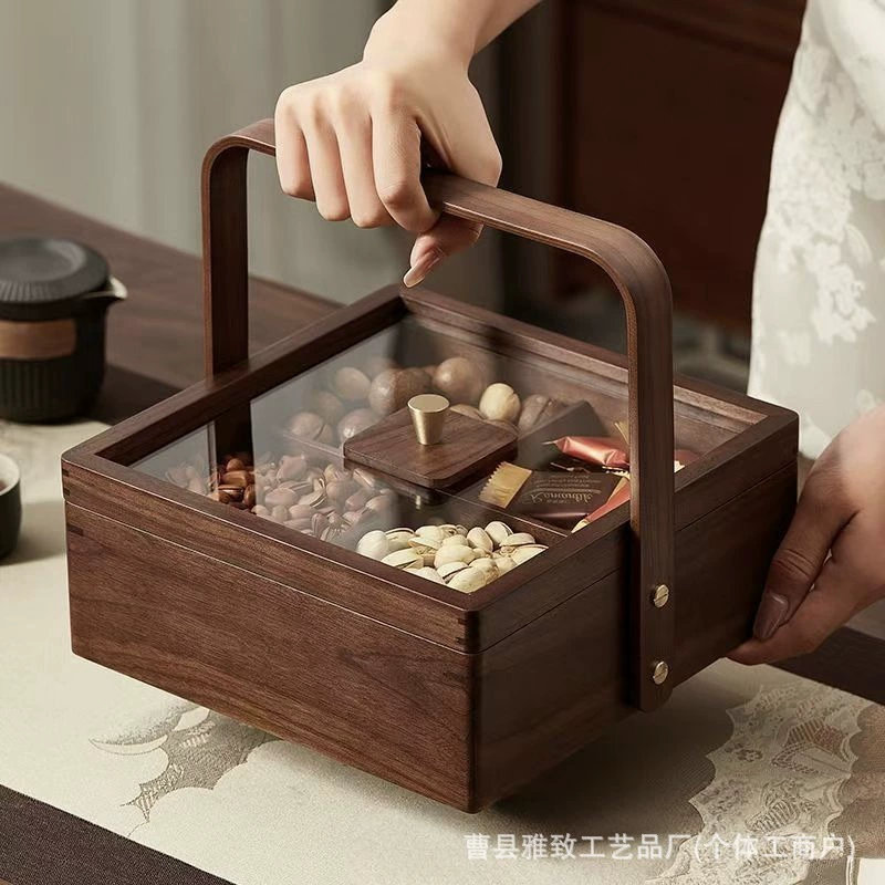 Новый китайский стиль, коробка для хранения сухофруктов из цельного дерева ореха, домашняя портативная коробка для хранения конфет, закусок, деревянная коробка для орехов