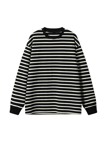 Black and White Striped Long-Sleeve T-Shirt for Men, Spring and Autumn Trend Brand, American Round Collar, Loose, Cool and Edgy, Heavyweight, Innerwear and Base Shirt