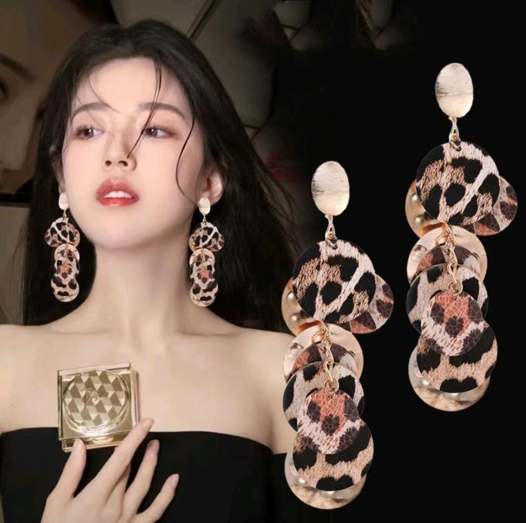 跨境新款长款豹纹夸张耳环欧美ins风小众设计感耳坠圆圈饰品批发